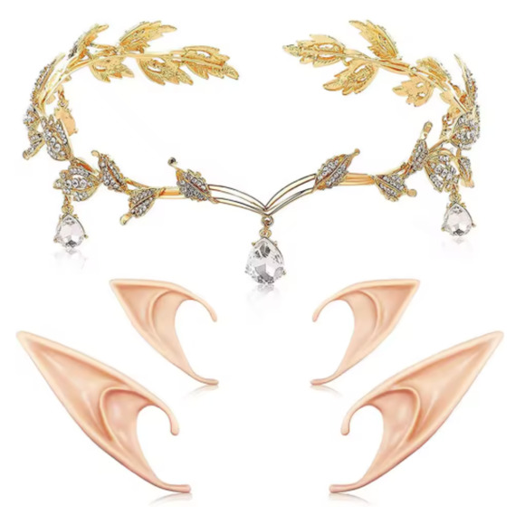 Gold Elf Tiara Crown with Clear Gem & 2 Pairs Elf Ears Fairy Cosplay Costume - Picture 1 of 9